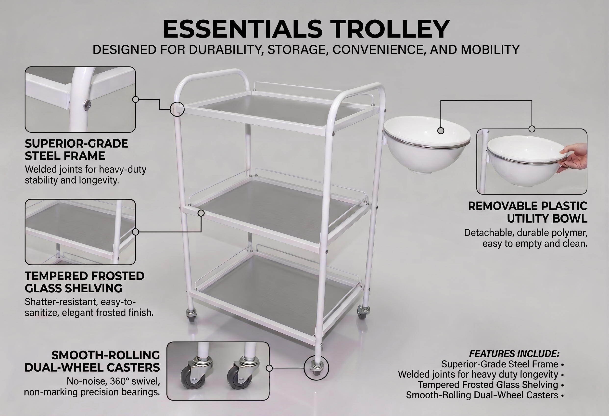 White Frame Glass Trolley w/Bowl